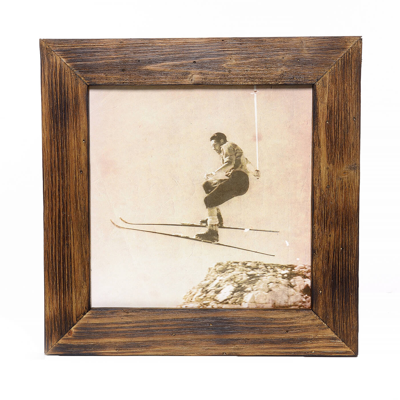 Historisches Bild "Skifahrer" aus den 60er Jahren im Holzrahmen Hochkönig